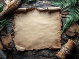 A blank parchment surrounded by natural elements, ideal for crafting or artistic purposes. photo