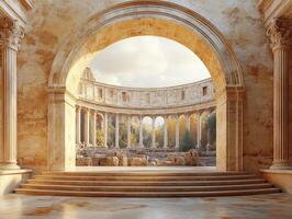 A grand archway reveals an ancient ruin with columns and a serene landscape beyond. photo
