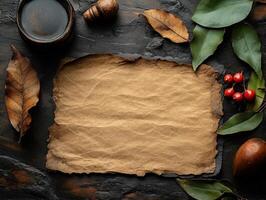 A rustic arrangement featuring a blank parchment, leaves, and natural elements for creative use. photo