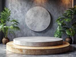 A modern display stage with circular backdrop and potted plants in a minimalist setting. photo