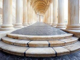 A grand corridor lined with classical columns leading to a bright space. photo