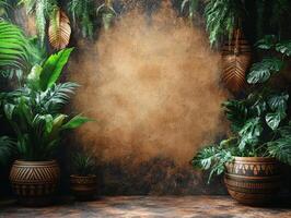 A serene interior scene featuring lush green plants against a textured brown wall. photo