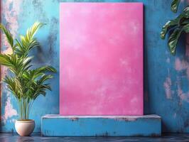 A vibrant pink canvas against a blue wall with a green plant in a pot. photo