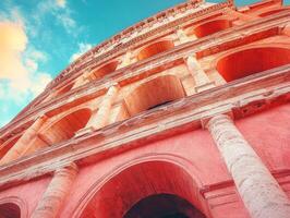 A low-angle view of the Colosseum showcasing its ancient architecture and grandeur. photo