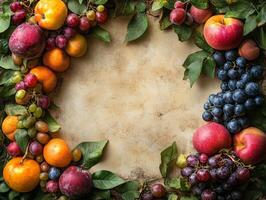 A colorful arrangement of fruits framing a textured background for design or culinary use. photo