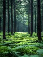 Lush green forest with tall trees and ferns creating a tranquil atmosphere. photo