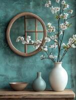 A serene arrangement of vases and blossoms reflected in a round mirror on a textured wall. photo