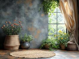 A serene indoor space with plants, natural light, and a cozy atmosphere. photo