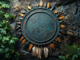 A decorative circular piece featuring feathers and beads, likely for cultural or artistic display. photo
