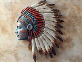 A stylized depiction of a Native American chief with a feathered headdress. photo