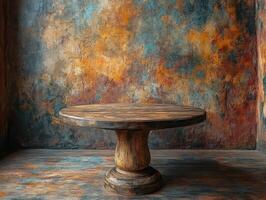 A rustic wooden table against a textured, colorful wall, creating a warm atmosphere. photo