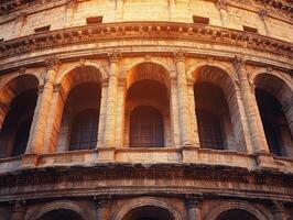 Close-up of the Colosseum's arches showcasing ancient Roman architecture at sunset. photo