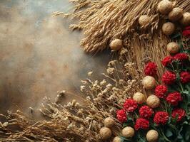 A beautiful arrangement of dried flowers and grains on a textured background. photo