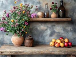 A rustic shelf displays flowers, fruits, and pottery, creating a cozy, natural ambiance. photo