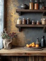 A cozy kitchen corner with jars of ingredients and fresh fruits on a wooden table. photo