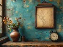 A rustic still life featuring a vintage map, a vase with dried flowers, and an antique clock. photo