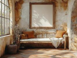 A cozy, rustic corner with a bench, empty frame, and natural decor. photo