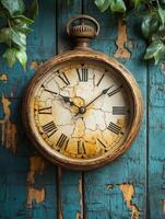 A vintage clock with a cracked face hangs against a textured blue wall, surrounded by greenery. photo