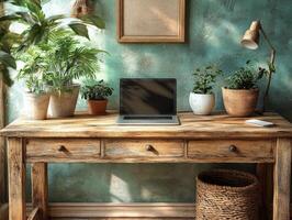 A serene workspace featuring a wooden desk, laptop, and various indoor plants. photo
