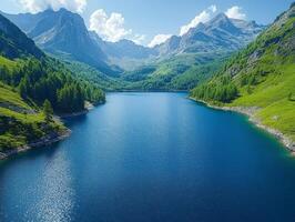 A serene mountain lake surrounded by lush greenery and towering peaks under a clear sky. photo