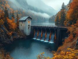 A serene dam in autumn, surrounded by misty mountains and vibrant foliage. photo
