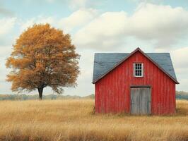 A rustic red barn beside a golden tree in a serene autumn landscape. photo