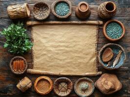 A rustic arrangement of bowls, herbs, and a blank scroll, suggesting a crafting or cooking theme. photo