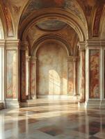 A grand interior featuring arched columns and ornate frescoes, illuminated by soft light. photo