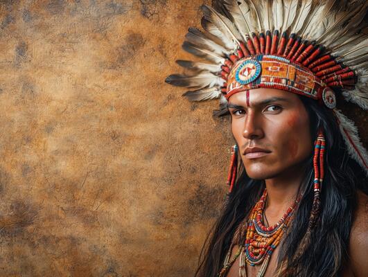 Portrait of a Native American man wearing traditional attire and headdress against a textured background.