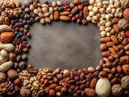 A variety of nuts and dried fruits arranged in a decorative border on a textured background. photo