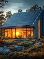 Modern house with solar panels surrounded by nature at sunset. photo