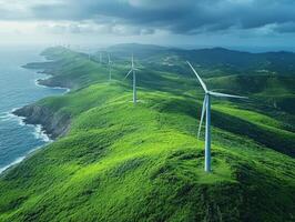 Aerial view of wind turbines on green hills by the coast, promoting renewable energy. photo