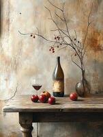 A rustic still life featuring wine, apples, and branches against a textured background. photo
