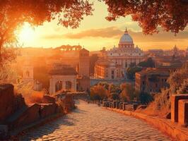 A scenic view of Rome at sunset, highlighting the dome of St. Peter's Basilica. photo
