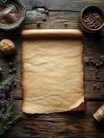A rustic scene featuring an empty scroll, herbs, and coffee beans, suggesting creativity or notes. photo