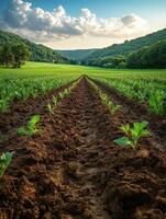 Lush green field with rows of young plants against a scenic backdrop of hills and clouds. photo