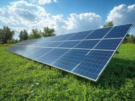 Solar panels installed on a grassy field under a blue sky with clouds. photo