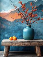 A serene still life featuring a blue vase with orange flowers and fruits on a rustic table. photo