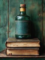 A vintage glass bottle atop two old books against a rustic wooden background. photo