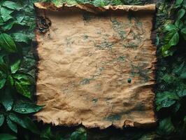 A weathered map surrounded by lush greenery, suggesting exploration or adventure. photo