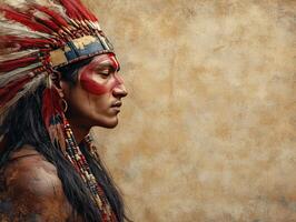 Profile of a Native American man adorned with traditional attire and feathered headdress. photo