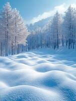 A serene winter landscape with snow-covered hills and frosted trees under a clear blue sky. photo