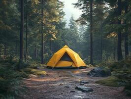 A yellow tent nestled in a serene forest, inviting outdoor adventure and relaxation. photo