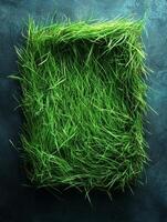 A rectangular patch of vibrant green grass on a textured dark background. photo
