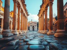 Ancient Roman ruins with towering columns and a view of a distant structure. photo