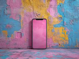 A smartphone on a vibrant, colorful wall, showcasing modern design and urban art. photo