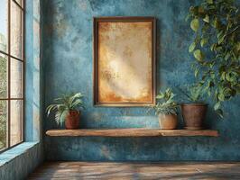 A serene corner with a wooden shelf, plants, and a blank frame against a textured blue wall. photo