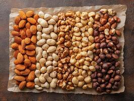A variety of nuts arranged neatly on parchment paper for a healthy snack display. photo