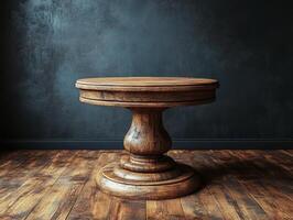 A rustic wooden table with a round top, set against a dark wall and wooden floor. photo