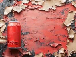 A red can rests against a textured, peeling red and black background. photo